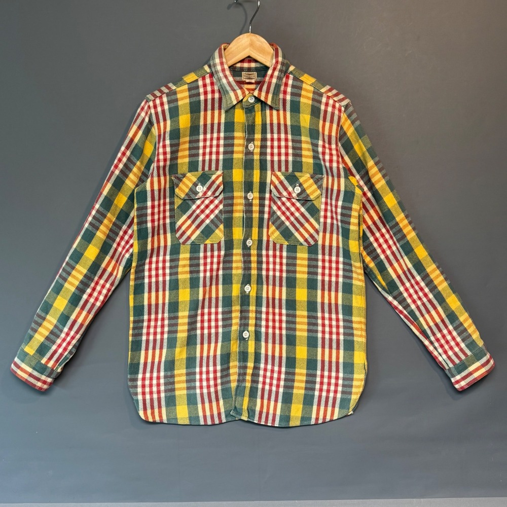 Warehouse Japan Plaid Flannel Overshirt Size 38 S Yellow Green Red Sanforized